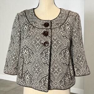 Ann Taylor Three Button 3/4 Sleeve Brown Ivory Damask Crop Swing Jacket Size 8
